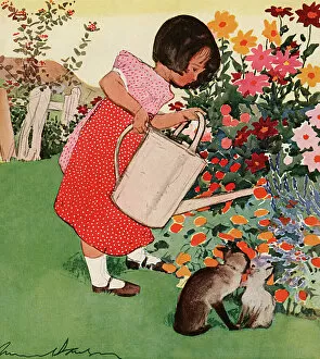 Images Dated 18th October 2012: Little girl watering flowers by Muriel Dawson