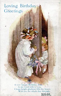 Little girl with younger siblings on a birthday postcard Date: circa 1918 Little girl with younger siblings on a birthday postcard Date: circa 1918
