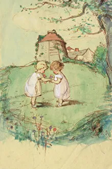 Two little girls in a garden by Muriel Dawson