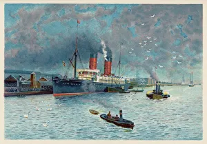 <b class=qtipBold><figcaption>Liverpool Docks C1895</figcaption></b><br>Liverpool docks, with the Cunard liner 'Campania'.<br><em>© Mary Evans Picture Library</em> Liverpool Docks C1895