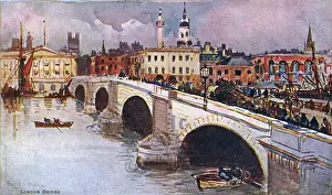 Prints of London Bridge over the River Thames, London, now situated at Lake Havasu City, Arizona. It was purchased in 1968 by Robert McCulloch and re-opened in America in 1971. Date: 1903 Bridge Prints: London Bridge over the River Thames, London Print, 1903