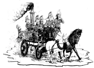 Prints of Chris Reynolds was a fireman at Paddington fire station and a talented cartoon artist Fire Brigade Prints: Victorian Horse-Drawn Steamer Fire Engine Print
