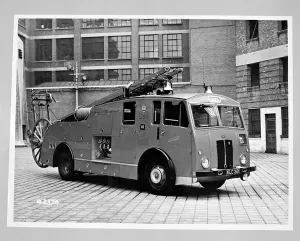 Prints of A Dennis F7 pump escape at Lambeth HQ, a classic postwar fire engine newly in service in London Fire Brigade Prints: Classic Postwar Fire Engine: Dennis F7 Pump Escape Print