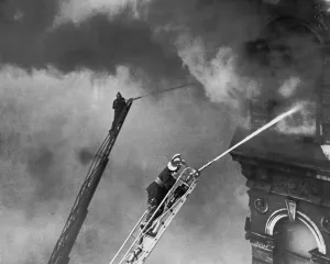 Prints of Two turntable ladders deployed at an office building fire in Farringdon Street, City of London, 16 November 1934 Fire Brigade Prints: London Print: Farringdon Street Office Fire, 1934