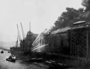Prints of A major docklands fire at Butlers Wharf, Bermondsey, SE London. It happened during a particularly cold spell for March Fire Brigade Prints: Frozen Firefight at Butlers Wharf, Bermondsey - Print