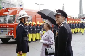 Prints of Visit of Queen Elizabeth II to the Headquarters of the London Fire Brigade, Lambeth Event Prints: Queen Elizabeth II Inspecting Firefighters Print 1957