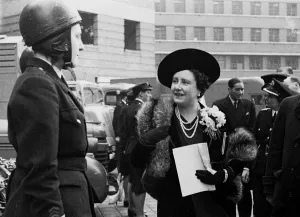 Prints of Visit to LFB by Queen Elizabeth and Princess Elizabeth. Queen Elizabeth reviews a female dispatch rider at the Lambeth Headquarters of the London Fire Brigade Royalty Prints: Queen Elizabeth Reviews Female LFB Dispatch Rider WW2 Print