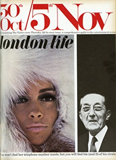 <b class=qtipBold><figcaption>London Life front cover</figcaption></b><br>Front cover of London Life magazine featuring a model wearing a coat with a fur hood and a businessman. Date: 1965<br><em>© Illustrated London News Ltd/Mary Evans</em> London Life front cover