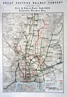 <b class=qtipBold><figcaption>London railways map</figcaption></b><br>City & North East Suburban Electric Railway map, 1903 Date: 1903<br><em>© Mary Evans / National Archives</em> London railways map