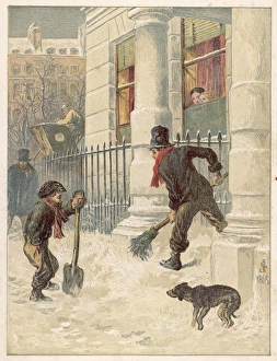 <b class=qtipBold><figcaption>London Snow Sweepers</figcaption></b><br>Snow sweepers in the streets of London are watched by the children of the house, and by an unhappy-looking dog.<br><em>© Mary Evans Picture Library</em> London Snow Sweepers
