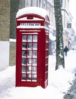 Prints of London Telephone Box in Snow Weather Prints: London Telephone Box in Snow Print