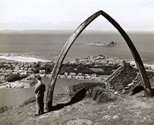 Looking down on North Berwick - Whale Bones atop hill Looking down on North Berwick - Whale Bones atop hill