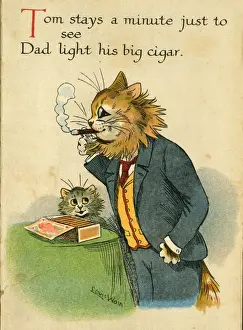 Louis Wain Cat Art Prints: Louis Wain, Daddy Cat - lighting a cigar