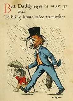 Louis Wain Cat Art Prints: Louis Wain, Daddy Cat - in the rain