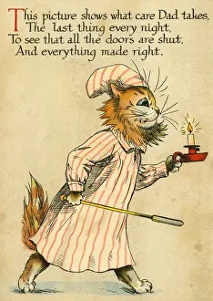 Louis Wain Cat Art Prints: Louis Wain, Daddy Cat - security check before bed