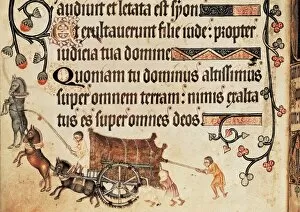 Manuscript Gallery: Luttrell Psalter. 14th c. Blocked cart pulled