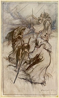 <b class=qtipBold><figcaption>Macbeth Meets Witches</figcaption></b><br>Macbeth and Banquo, after defeating the invading Norsemen, encounter three witches on a blasted heath, who predict wonderful events<br><em>© Mary Evans Picture Library/ARTHUR RACKHAM</em> Macbeth Meets Witches