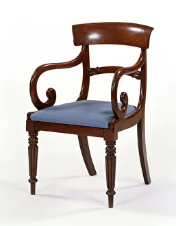 <b class=qtipBold><figcaption>Mahogany armchair</figcaption></b><br>Mahogany armchair with a curved top-rail and scrolled arms, with a drop-in seat with modern silk upholstery. It is thought to have been manufactured in England and to date from c.1825. Date: c.1825<br><em>© The Geffrye Museum of the Home / Mary Evans Picture Library</em> Mahogany armchair