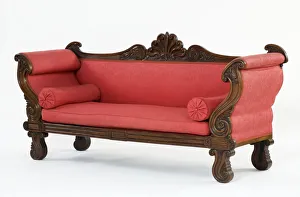 <b class=qtipBold><figcaption>Sofa</figcaption></b><br>Mahogany sofa carved with scrolls and an anthemion cresting, upholstered in modern red damask, made in England c.1830. Date: c.1830<br><em>© The Geffrye Museum of the Home / Mary Evans Picture Library</em> Sofa