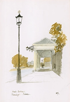 <b class=qtipBold><figcaption>Main Entrance, Kensington Palace</figcaption></b><br>A watercolour and pen painting of the main entrance at Kensington Palace, London. The Illustrated London News featured a long running series of paintings of London's architecture by Sir Hugh Maxwell Casson during the late 1960s and through the 1970s.<br><em>© Illustrated London News Ltd/Mary Evans</em> Main Entrance, Kensington Palace