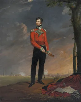 Major (later Major-General) Sir Neil Campbell CB (1776-1827), 1815 (c).Oil on canvas by Edouard Henri Pingret (1788-1875), 1819.Full-length, in the uniform of the 54th (West Norfolk) Regiment of Foot, holding a telescope, his cloak spread on the ground beside him on which are maps; gunsmoke and a windmill in the background (possibly Waterloo).Known as The man who let Boney go, Major Sir Neil Campbell was chosen by the British Government to accompany Napoleon to the island of Elba in 1814. However, in February 1815, whilst Campbell was in Florence on business, Napoleon effected his escape to France. It was widely believed that Campbell had been bribed, but he was not officially blamed for the escape and his service was declared satisfactory. In 1815 Campbell went on to command the 54th (or the West Norfolk) Regiment of Foot, serving at the Battle of Waterloo and the storming of Cambray. Promoted Major-General in 1825, he was appointed Governor of Sierra Leone, where he died of fever in 1827. Oil on canvas Date: 1815 Major (later Major-General) Sir Neil Campbell CB