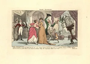 Man being attacked by a parrot and cat in a drawing room Man being attacked by a parrot and cat in a drawing room