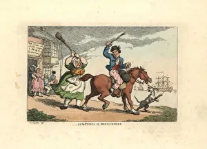 Man beating a stubborn horse with a cudgel, while Man beating a stubborn horse with a cudgel, while