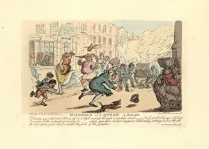 Man chasing his hat down a muddy street in a high wind Man chasing his hat down a muddy street in a high wind