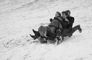 Down Hill Gallery: Man and three children on a toboggan in the snow