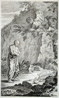 Man in classical dress contemplating a skeleton Man in classical dress contemplating a skeleton