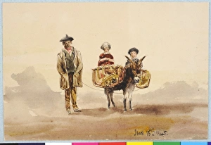 Man with Donkey Carrying two Children in Panniers Man with Donkey Carrying two Children in Panniers