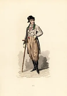 Man in loose fitting coat, waistcoat, trousers and boots Man in loose fitting coat, waistcoat, trousers and boots