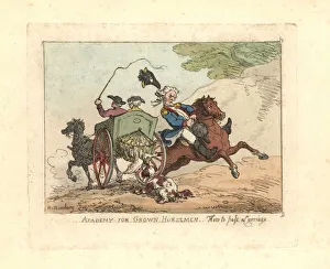 Man losing control of his mount while passing a carriage Man losing control of his mount while passing a carriage