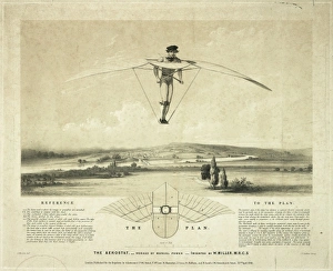 <b class=qtipBold><figcaption>Man-powered flying machine</figcaption></b><br>A man-powered flying machine in a countryside setting. The Aerostat - Worked by Manual Power - Invented by W. Miller, M.R.C.S. 1843<br><em>© The Royal Aeronautical Society (National Aerospace Library)/Mary Evans</em> Man-powered flying machine