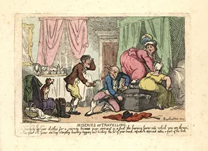 Man and two women failing to close a packed trunk Man and two women failing to close a packed trunk