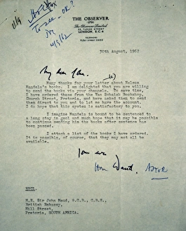 <b class=qtipBold><figcaption>Mandela Arrest</figcaption></b><br>Arrest and trial of Nelson Mandela. Letter from The Observer regarding books for Mandela to Sir John Maud at the British Embassy in South Africa, August 1962 Date: 1962<br><em>© Mary Evans / National Archives</em> Mandela Arrest