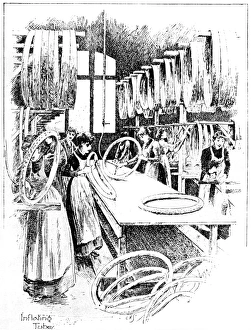 Manufacture of Dunlop tyres, 1896: inflating the tubes Manufacture of Dunlop tyres, 1896: inflating the tubes