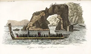 Maori war canoe in front of a pa on a rock Maori war canoe in front of a pa on a rock