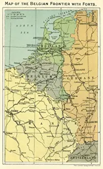 Prints of Map of the Belgian frontier with forts at the beginning of World War One. Date: 1914 Map Prints: World War One Belgian Frontier Map Print 1914