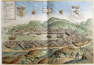 Day Light Gallery: Map of Bergen in 16th c. Engraving. FRANCE. Paris