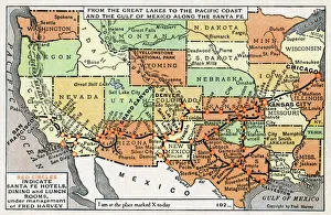 Dining Gallery: Map, route of Santa Fe Railroad, USA
