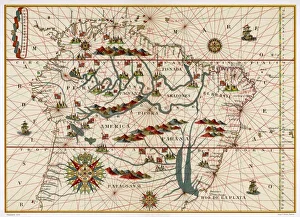<b class=qtipBold><figcaption>Map/S America/Brazil 16C</figcaption></b><br>Map of Brazil<br><em>© Mary Evans Picture Library</em> Map/S America/Brazil 16C