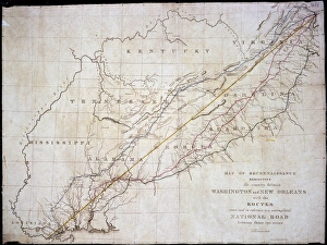 <b class=qtipBold><figcaption>Map of Washington to New Orleans</figcaption></b><br>Proposed road between Washington and New Orleans, c1830 through Virginia, Kentucky, North and South Carolina, Georgia, Tennessee, Mississippi, Alabama and Louisiana states Date: c. 1830<br><em>© Mary Evans / National Archives</em> Map of Washington to New Orleans