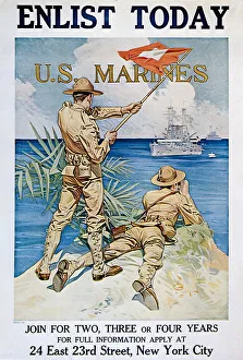 Trainers Gallery: Two marines on coast signal battleship with flag Date: 1918