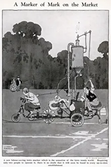 <b class=qtipBold><figcaption>A Marker of Mark on The Market</figcaption></b><br>A new labour saving lawn marker which is the sensation of the lawn tennis world. Requiring only two people to operate it, there is no doubt that it will soon be found in every up to date establishment. Illustration by William Heath Robinson. Please note: Credit must appear as Courtesy of the estate of Mrs J.C.Robinson/Pollinger Ltd/ILN/Mary Evan"<br><em>© Courtesy of the estate of Mrs J.C.Robinson/Pollinger Ltd/ILN/Mary Evans Picture Library</em> A Marker of Mark on The Market