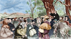 Martin Luther (1483-1546) preaching in Mora. Engraving. Colo Martin Luther (1483-1546) preaching in Mora. Engraving. Colo