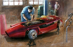 Maserati 250F preparations - painting by Andrew McGeachy Maserati 250F preparations - painting by Andrew McGeachy