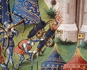 Medieval army. Soldiers during a siege city. Guns and crossb Medieval army. Soldiers during a siege city. Guns and crossb