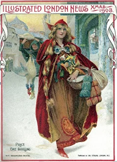 <b class=qtipBold><figcaption>Medieval Christmas</figcaption></b><br>Young woman in Saxon or Medieval dress carrying a basket of gifts through a snow-lined street. A turkey seller can be seen behind her.<br><em>© Mary Evans Picture Library 2015 - https://copyrighthub.org/s0/hub1/creation/maryevans/MaryEvansPictureID/10215524</em> Medieval Christmas