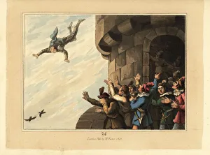 Medieval knight in armour falling to his death from a tower Medieval knight in armour falling to his death from a tower